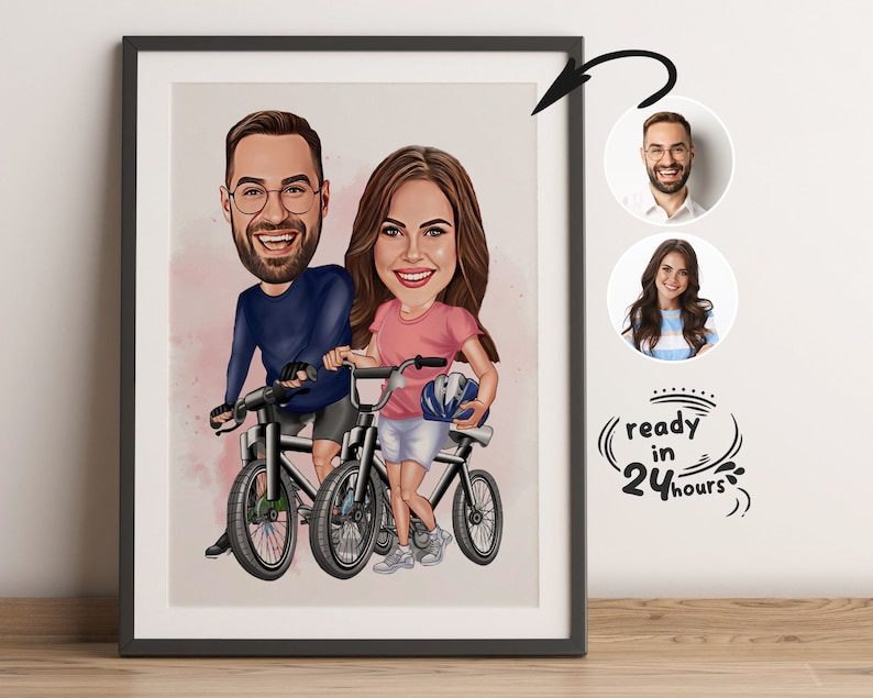 Personalized Cyclist Couple Cartoon Portrait Poster